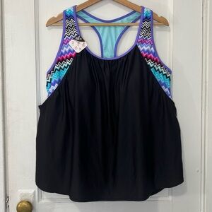 NWT  ZeroXposur Women's Black/Multicolor UPF 30 Swim Racerback Tankini Top, 22W